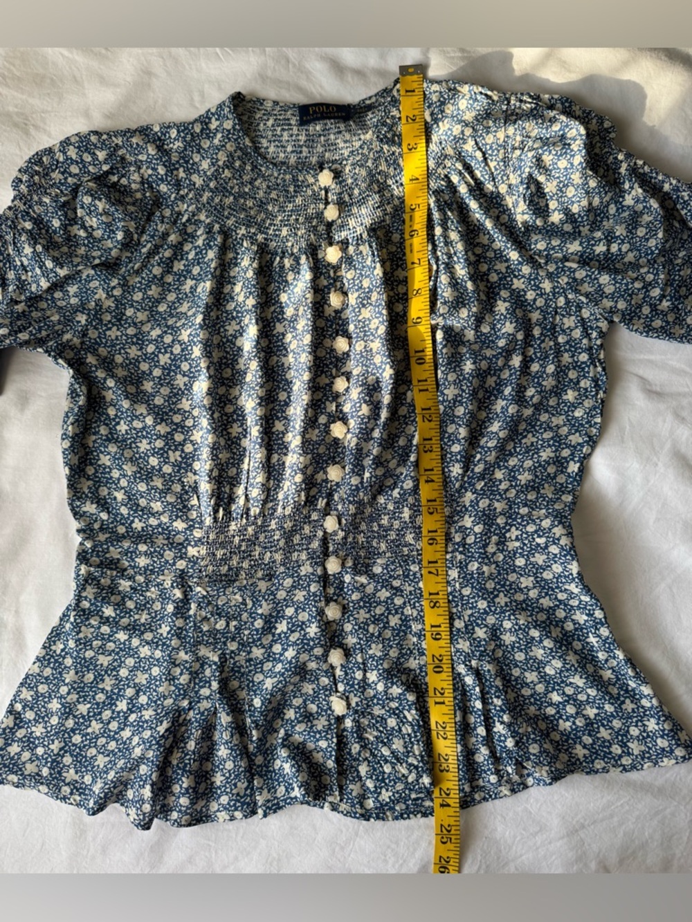 Polo Ralph Lauren Floral Print Blue White Ruched Sleeve Button Front Blouse 8 - Picture 8 of 10